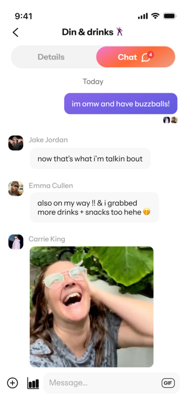 The chat inside a Howbout plan. Every plan on the shared calendar has its own group chat for photos, videos, tickets and all the details.